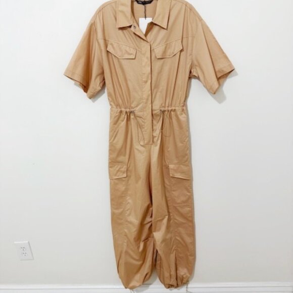 Zara Gabardine Utility Cargo Oversized Cotton Jumpsuit Tan Women's Size XS NWT - Picture 1 of 5
